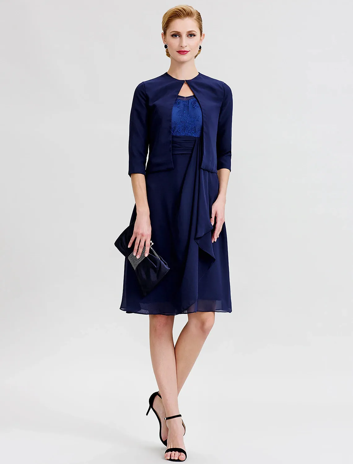 A-Line / Two Piece Jewel Neck Knee Length Chiffon / Corded Lace Mother of the Bride Dress with Sash / Ribbon / See Through / Wrap Included