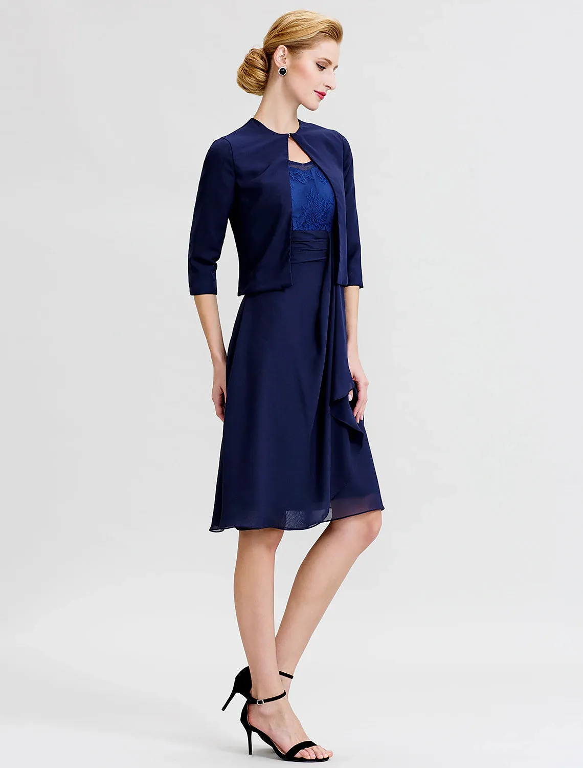 A-Line / Two Piece Jewel Neck Knee Length Chiffon / Corded Lace Mother of the Bride Dress with Sash / Ribbon / See Through / Wrap Included