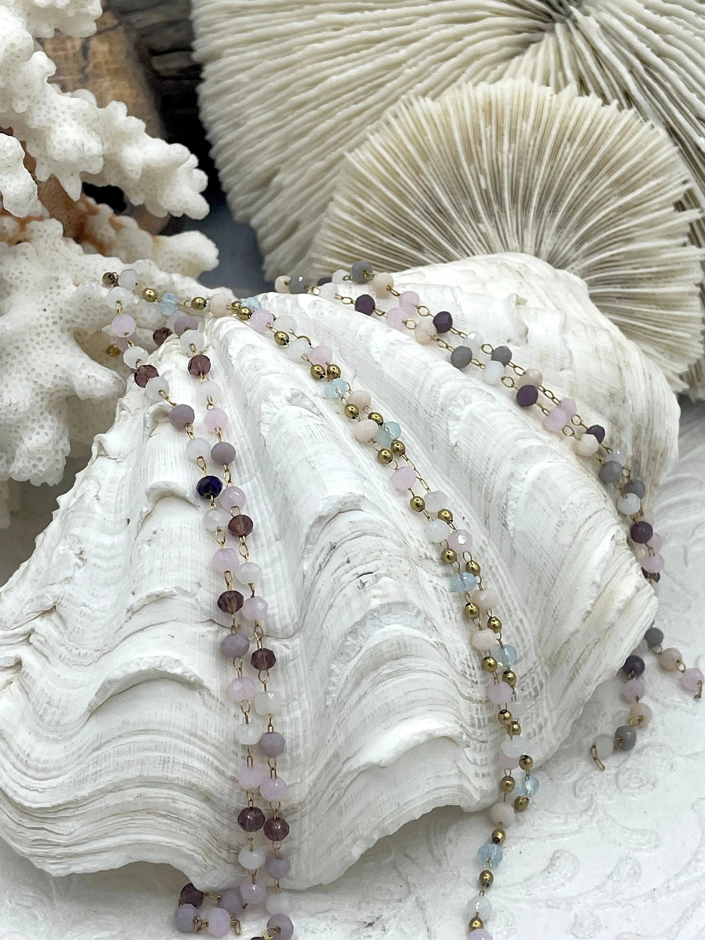 Crystal Round Mixed Rosary Faceted Glass Beads Chain, Pastel Beaded Chain, Pastel Beads, 3 Styles, Gold Wire, sold by the foot, Fast Ship