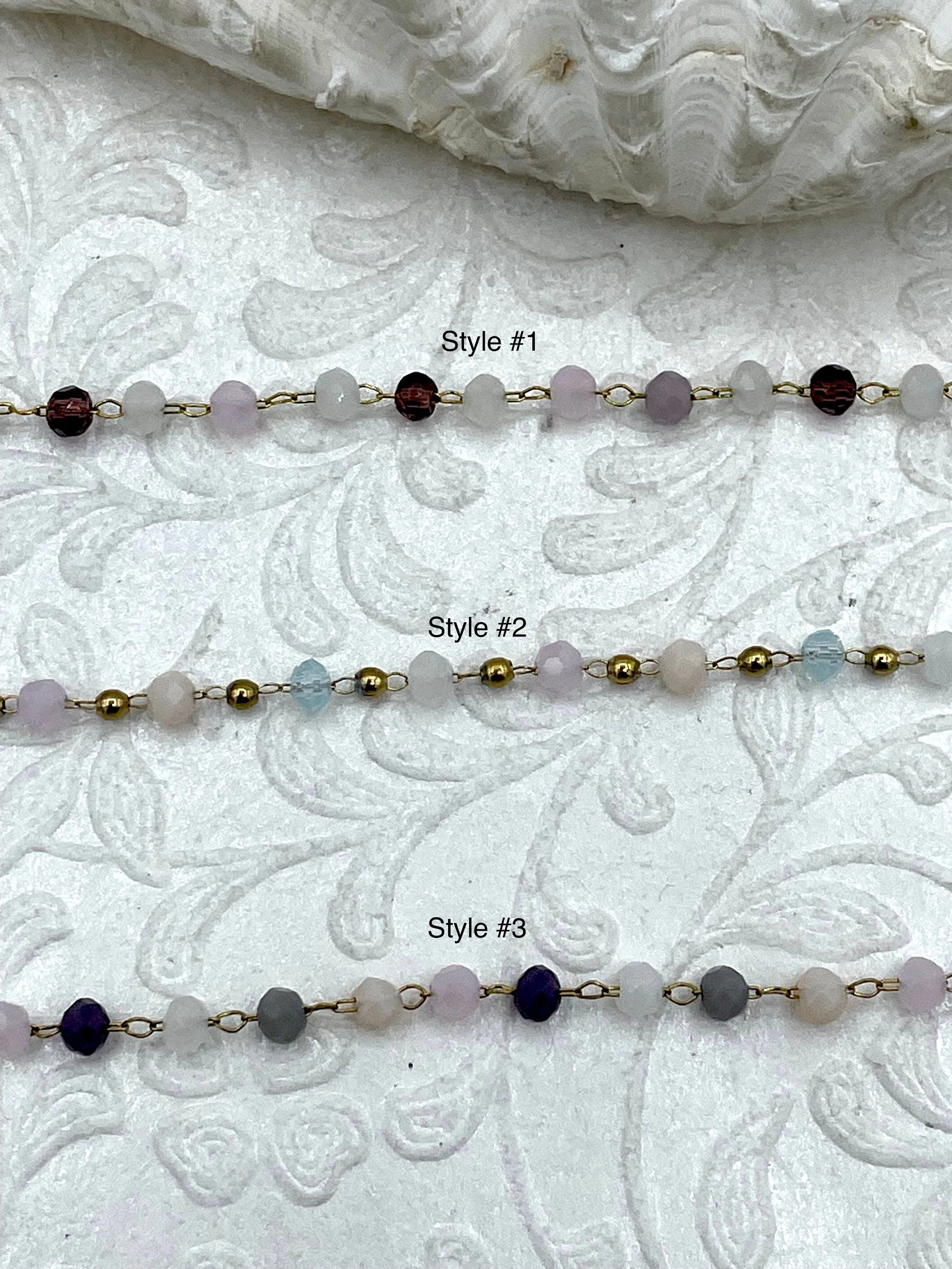 Crystal Round Mixed Rosary Faceted Glass Beads Chain, Pastel Beaded Chain, Pastel Beads, 3 Styles, Gold Wire, sold by the foot, Fast Ship