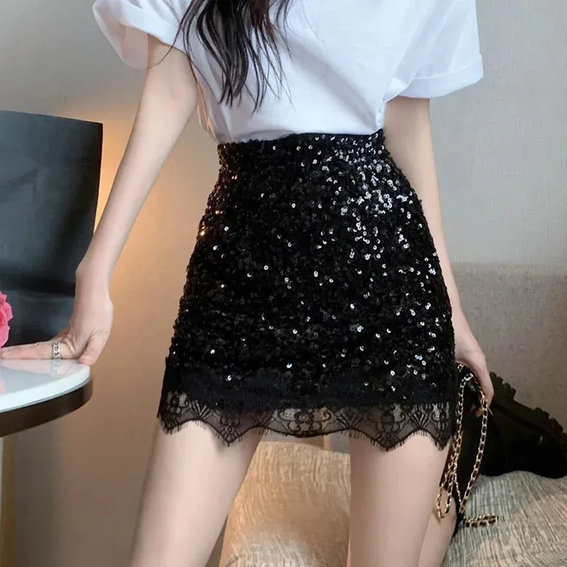 DressBetty - Sexy Silver Sequin Lace Patchwork Mini Skirt