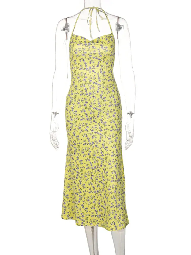 Dulzura Lace Up Halter Floral Long Bodycon Club Streetwear Sun Midi Dresses