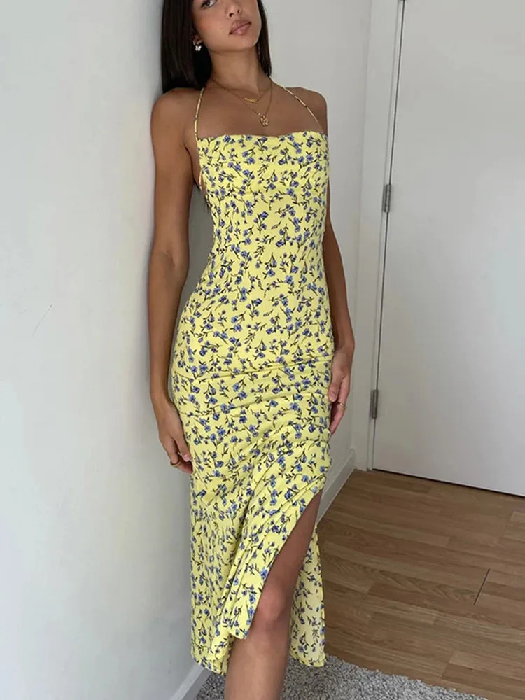 Dulzura Lace Up Halter Floral Long Bodycon Club Streetwear Sun Midi Dresses