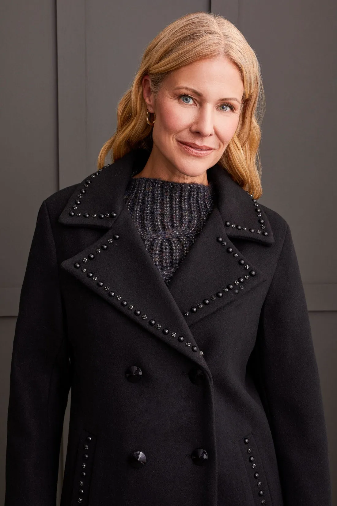 EMBELLISHED DOUBLE-BREASTED WOOL PEACOAT-Black