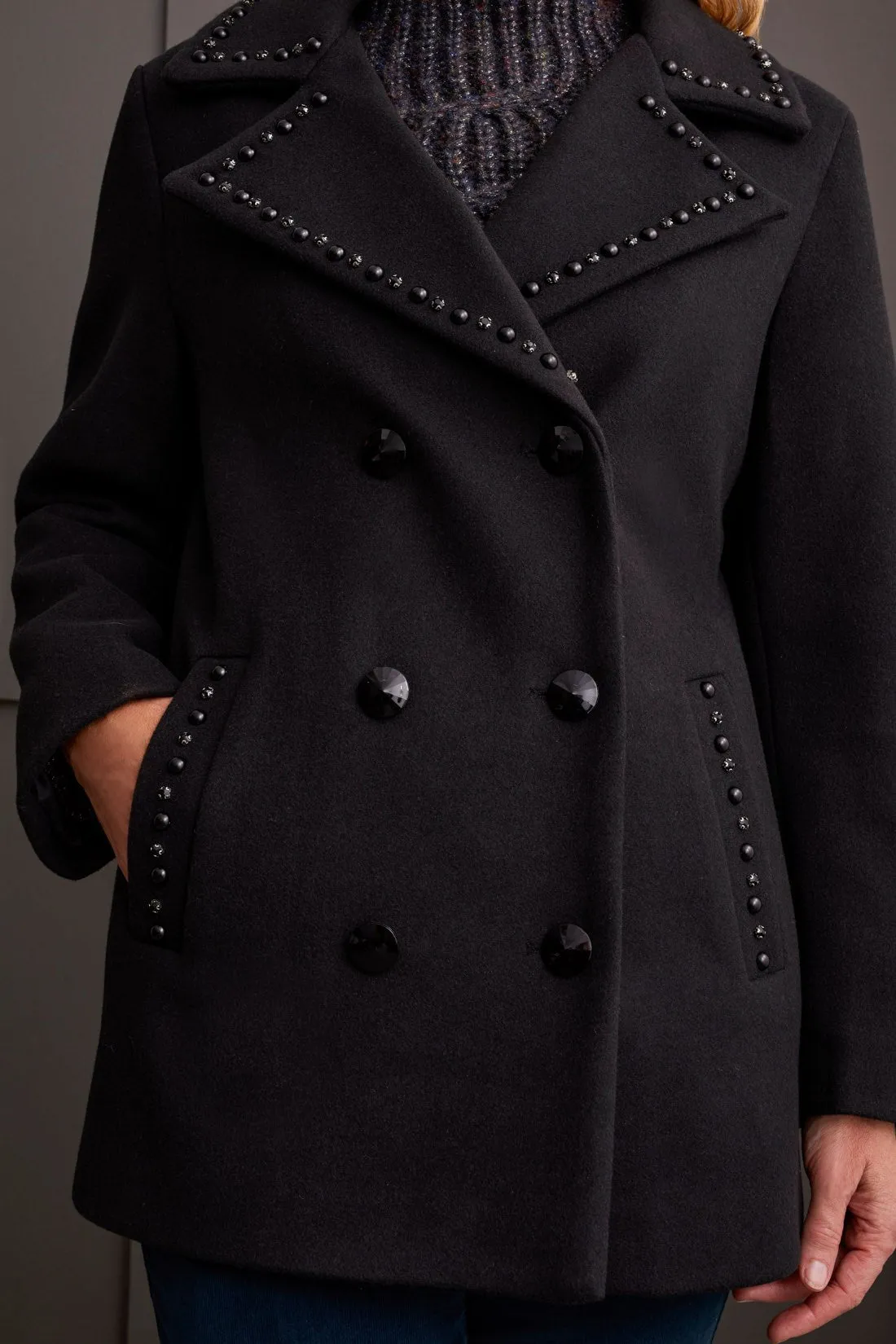 EMBELLISHED DOUBLE-BREASTED WOOL PEACOAT-Black